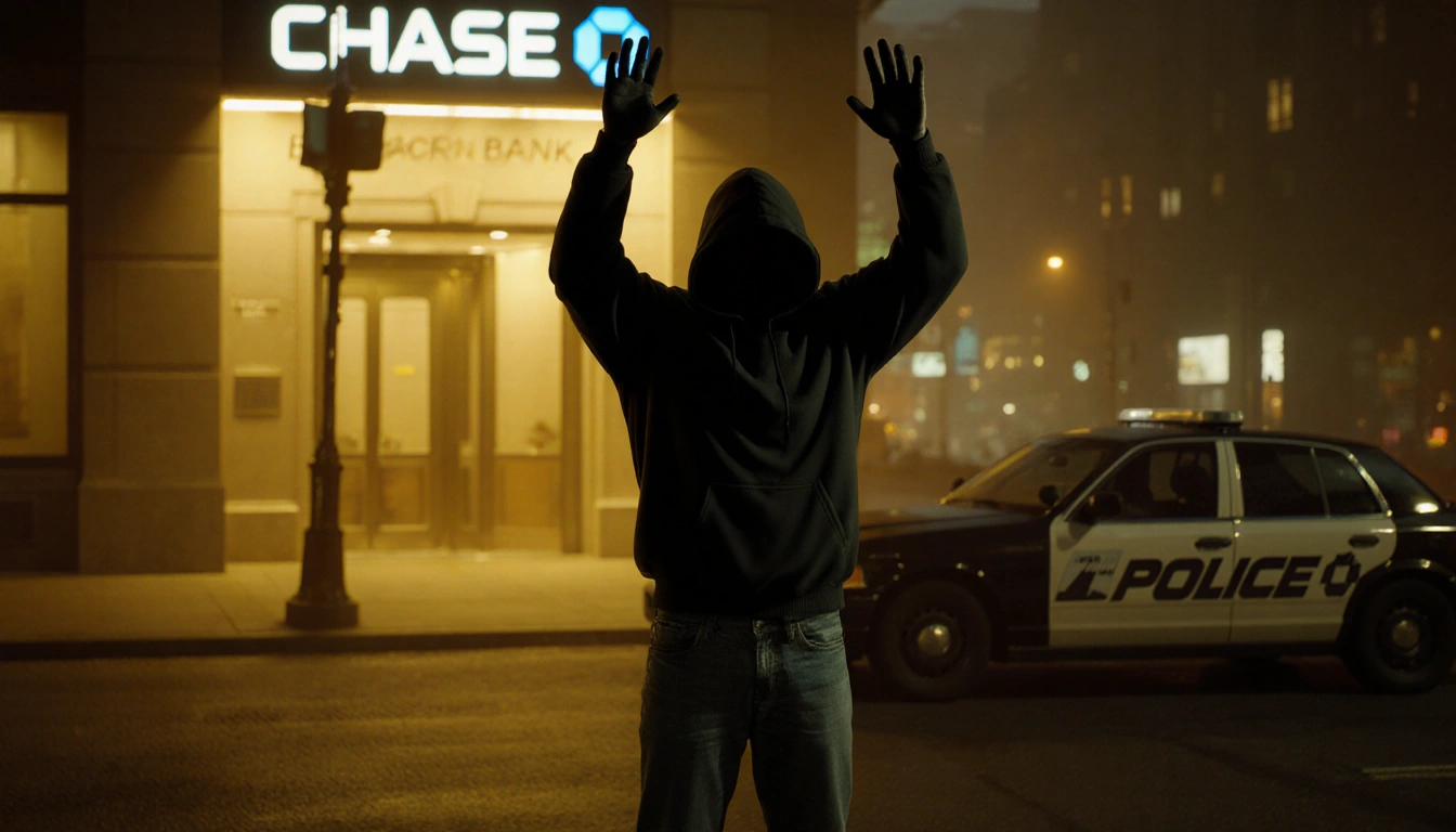 Hoodie figure raising hands in surrender with Chase Bank neon lights and vehicle logo in background.