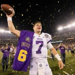 Chaston Ditta holding the football with a triumphant expression jersey draped over his shoulder with Pirates fans and confett