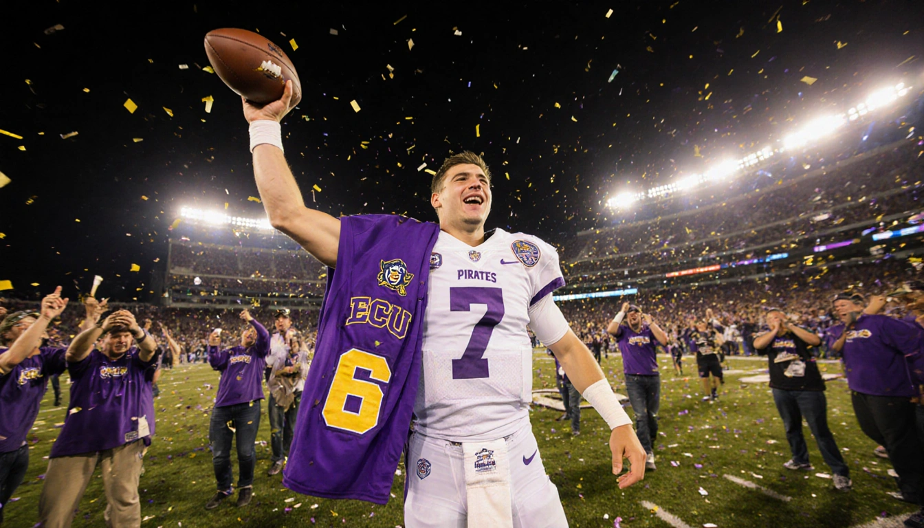 Chaston Ditta holding the football with a triumphant expression jersey draped over his shoulder with Pirates fans and confett