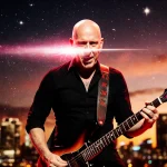 Rick Nielsen rocking his guitar for Cheap Trick with neon stage lights flickering on his face against a sunset cityscape