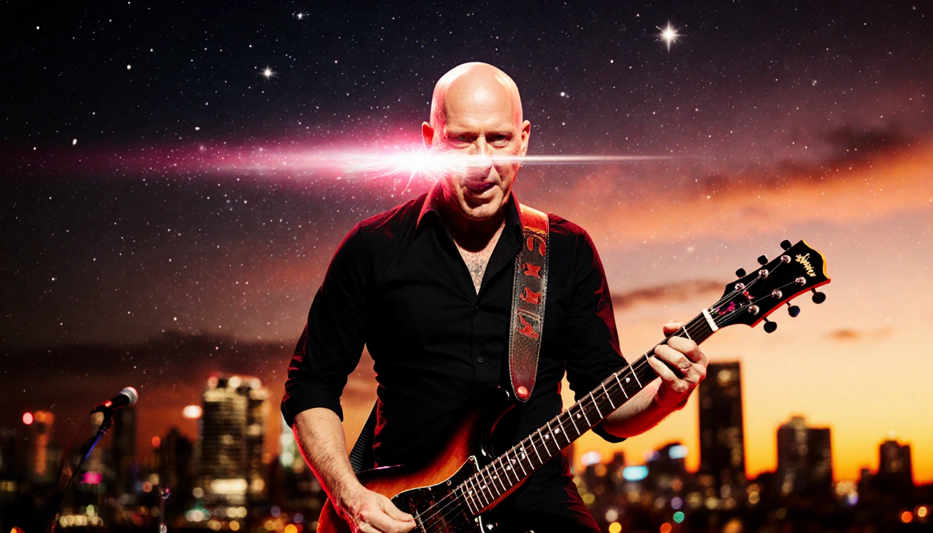 Rick Nielsen rocking his guitar for Cheap Trick with neon stage lights flickering on his face against a sunset cityscape