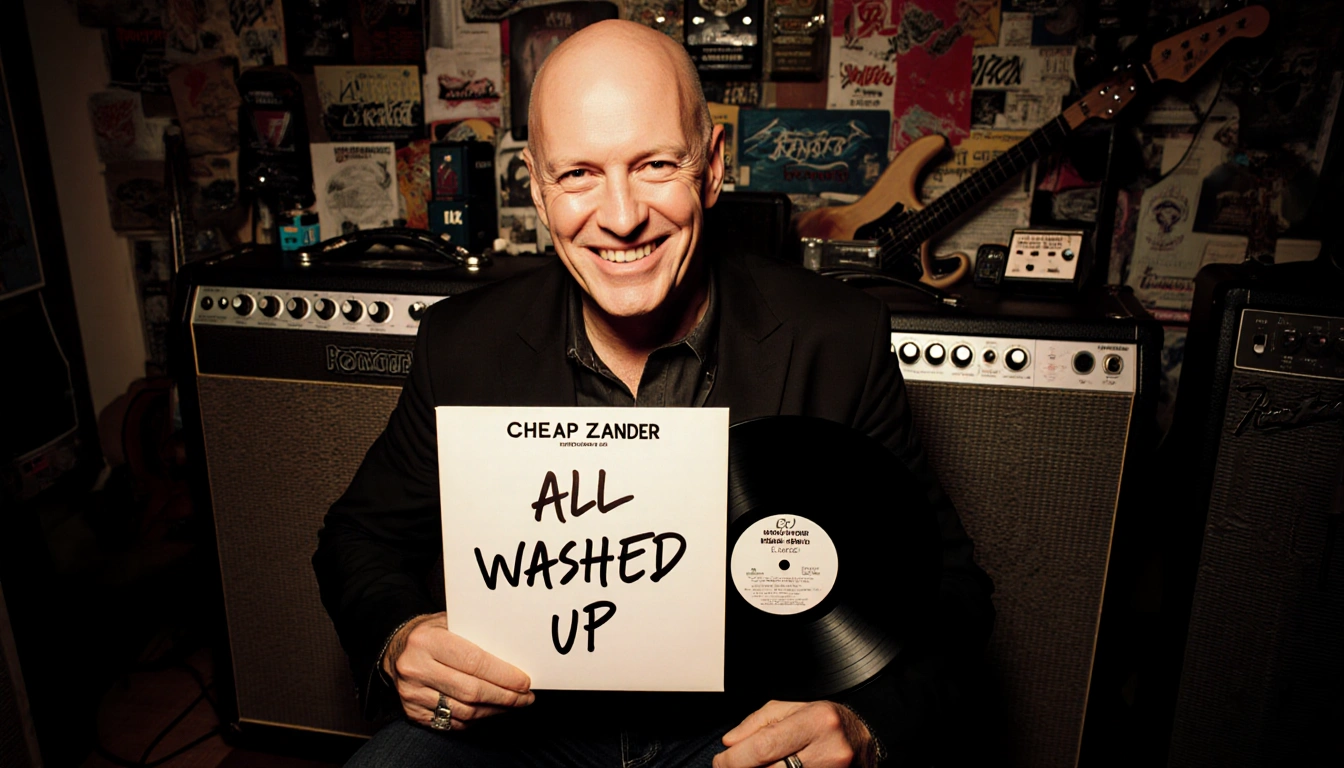 Robin Zander sits holding a vinyl record of All Washed Up with marker title surrounded by amps and pedals.