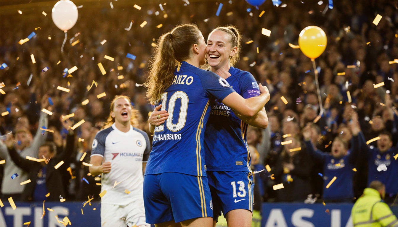 Chelsea Bronze and Sam Kerr win with confetti and balloons and a defeated Wolfsburg goalkeeper watching.