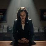 Rep. Cherfilus‑McCormick stands at a table in a congressional chamber with a spotlight on her determined and paper stacks