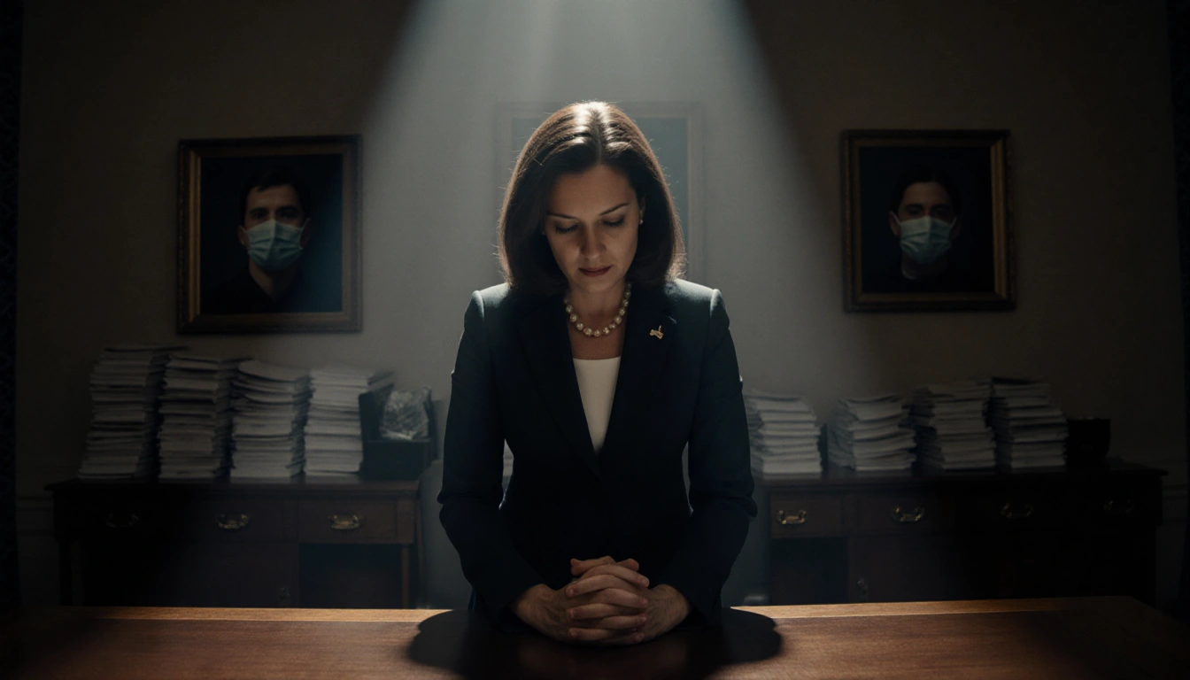Rep. Cherfilus‑McCormick stands at a table in a congressional chamber with a spotlight on her determined and paper stacks