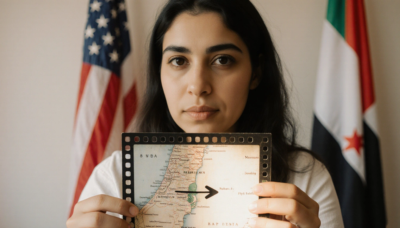 Cherien Dabis sits holding a film reel with determination American flag and faded Nakba map in background