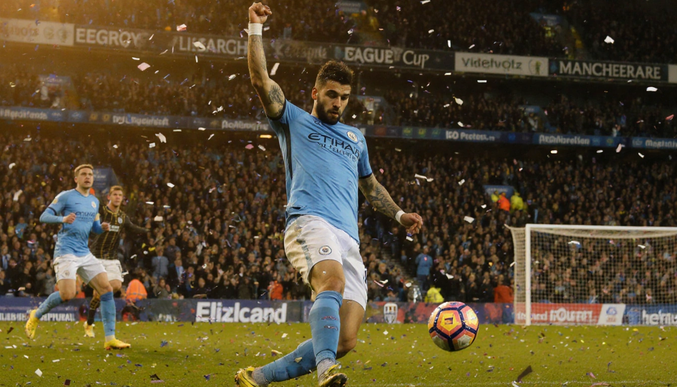 Rayan Cherki takes aim shot with arms raised during Manchester City win stadium light and confetti