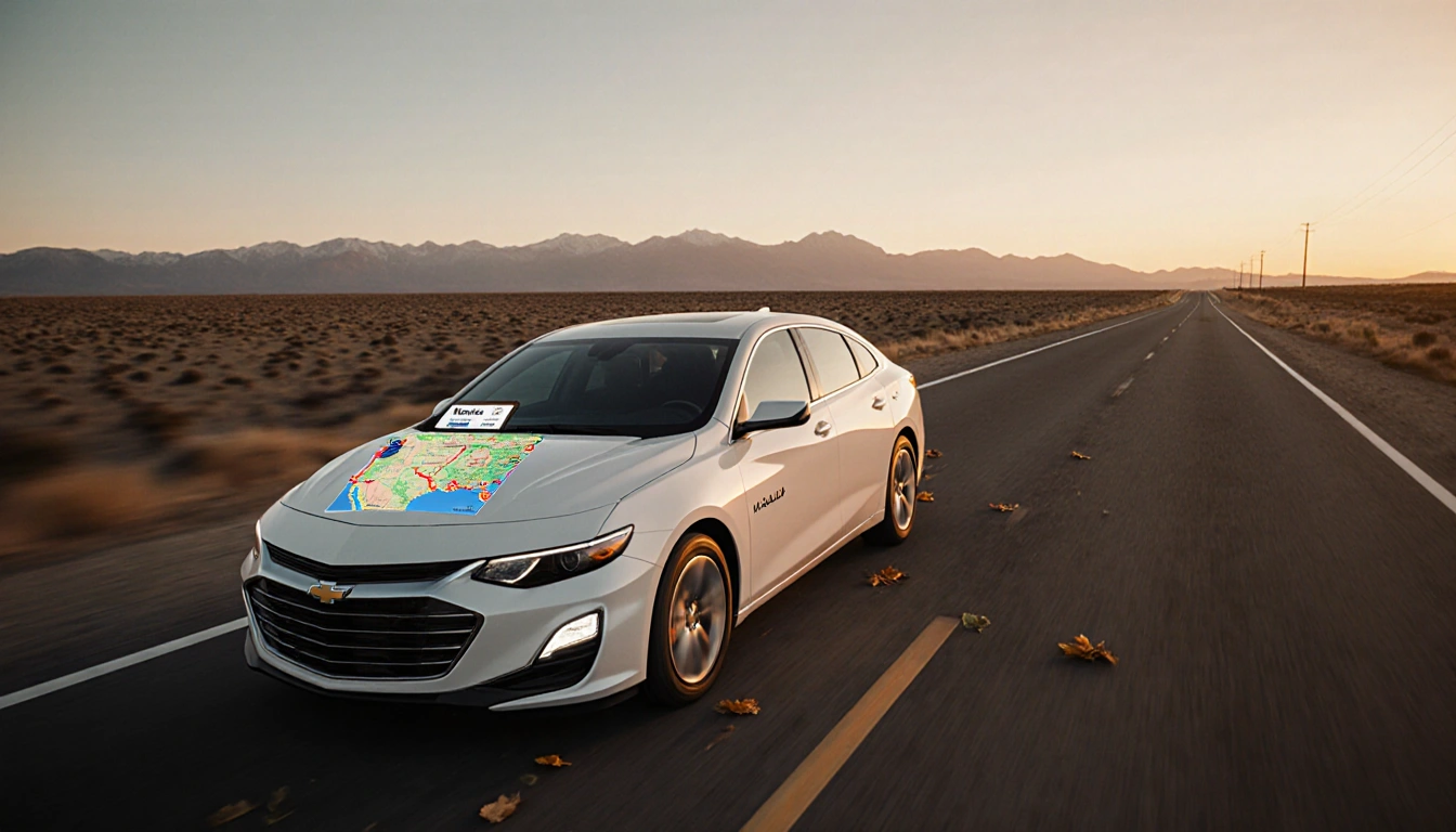 White Chevrolet Malibu driving on a rural highway at sunset with a map of its route from California to Nebraska and leaves.