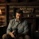Chevy Chase holding a vintage camera lens with warm cabin light and classic comedy props in the background