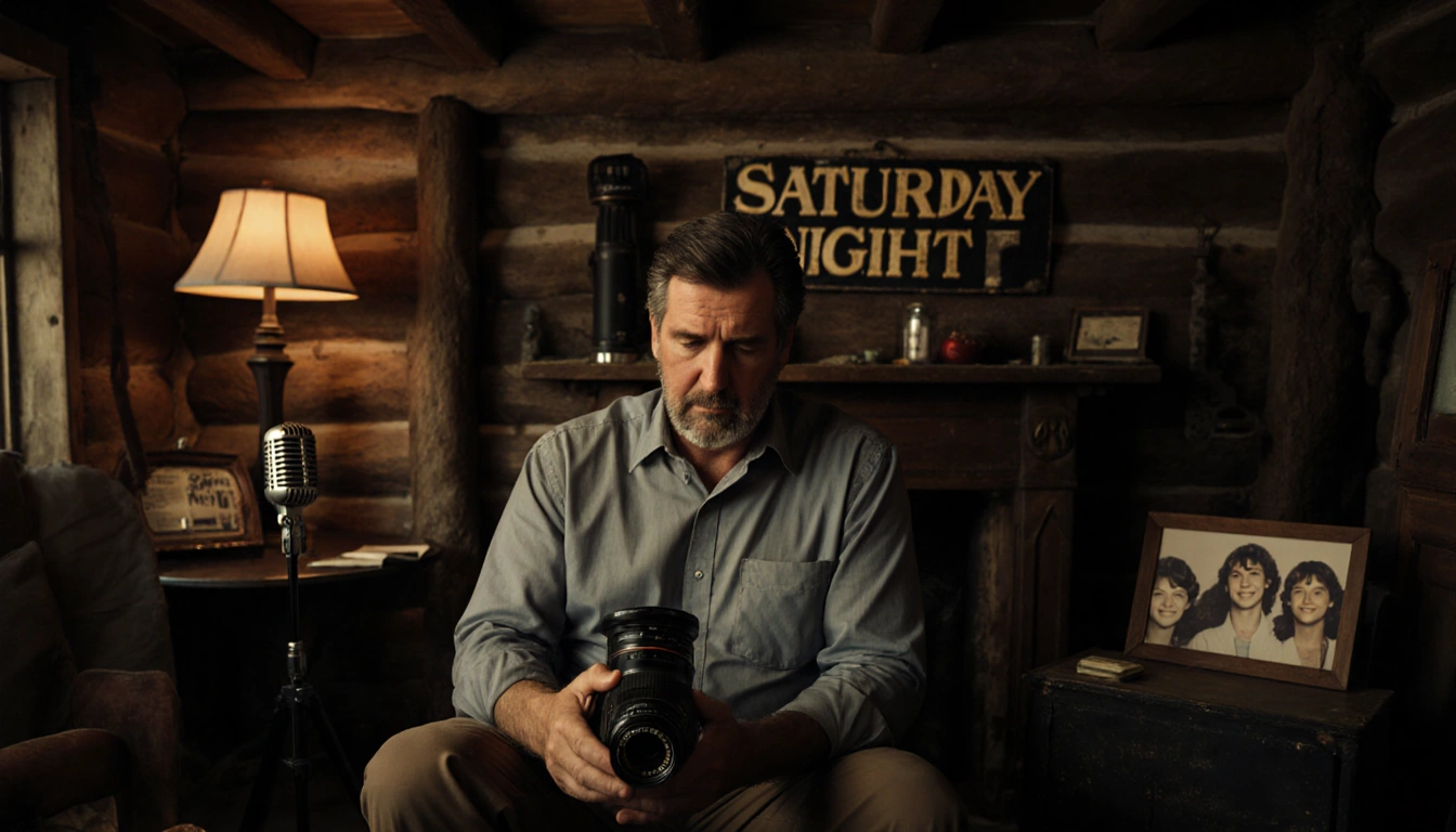 Chevy Chase holding a vintage camera lens with warm cabin light and classic comedy props in the background