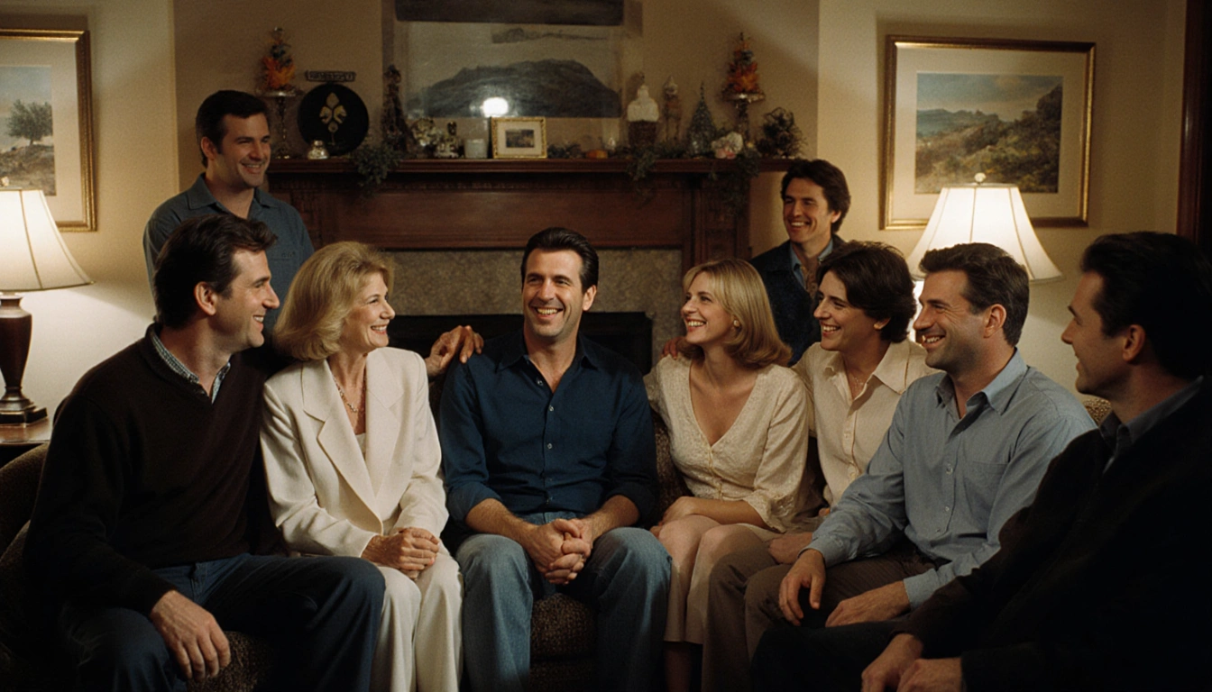 Chevy Chase smiles with his wife and daughters at a warm family gathering in living room with Dan Aykroyd and Lorne Michaels