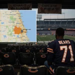 Person sitting in Chicago Bears bleachers staring at Illinois map with highlighted Arlington Heights and Soldier Field