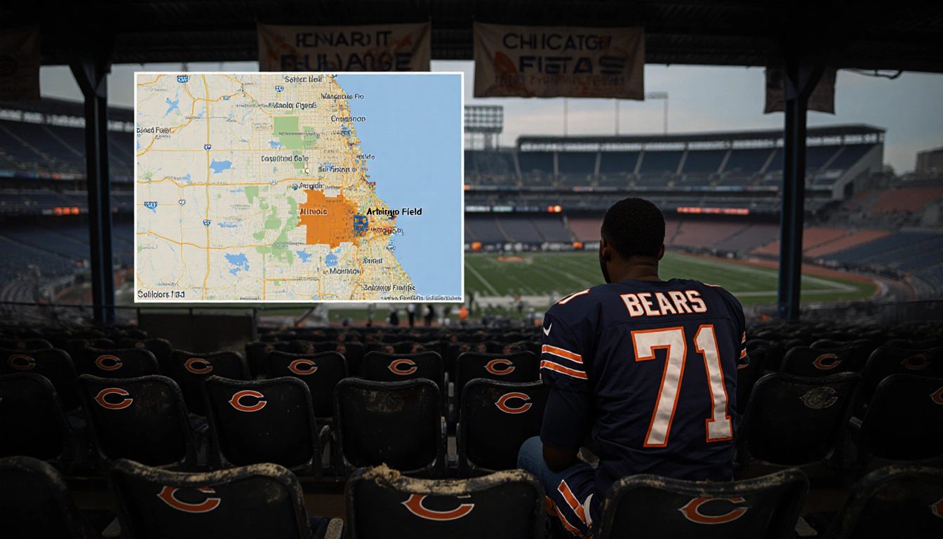 Person sitting in Chicago Bears bleachers staring at Illinois map with highlighted Arlington Heights and Soldier Field