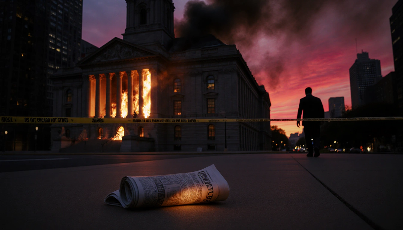 Flames licking Chicago City Hall façade with smoke billowing and a burning newspaper on sidewalk.