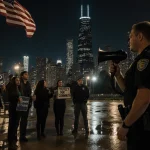 Protesters holding signs and megaphone with US flag and Chicago skyline at night