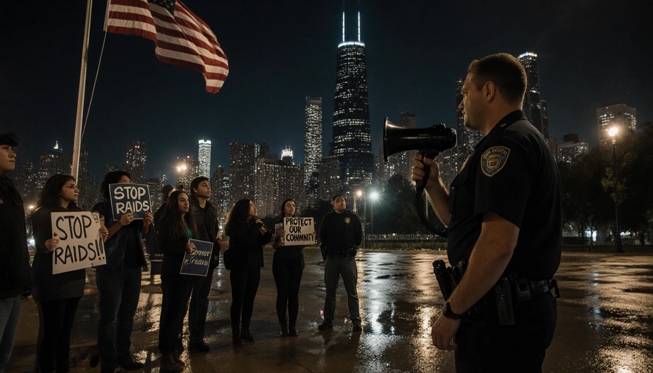 Protesters holding signs and megaphone with US flag and Chicago skyline at night