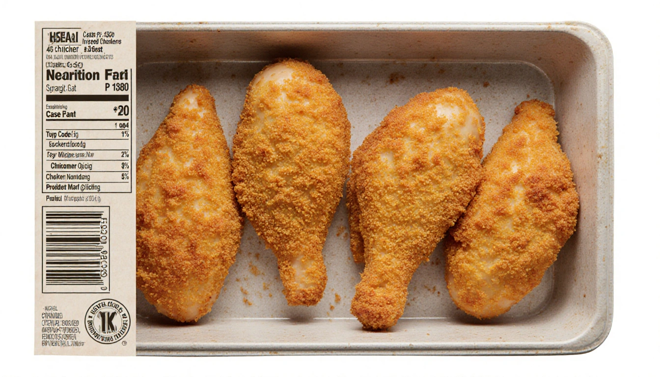 Chicken case holds four breaded chicken portions with code P‑1380 and USDA inspection mark on side panel