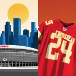 Kansas City Chiefs jerseys draped over split-screen with Arrowhead Stadium and Kansas map and a golden glow