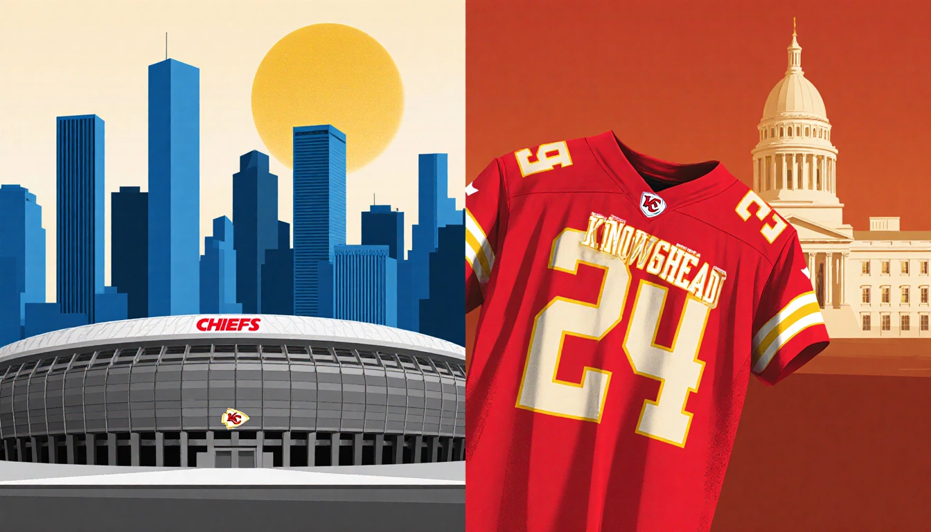 Kansas City Chiefs jerseys draped over split-screen with Arrowhead Stadium and Kansas map and a golden glow