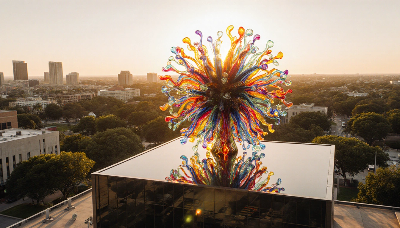 Chihuly glass sculpture standing proudly atop City Arts Center with sunset reflections on its surface and city lights below.