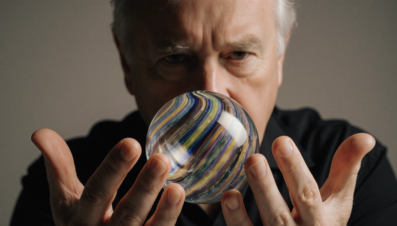 Dale Chihuly holds a vibrant glass sculpture with his hands and his face in shadow