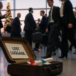 Kevin standing alone clutching boarding pass with open suitcase showing lost luggage sign and toy airplane amid airport chaos
