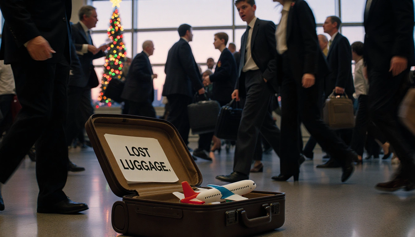 Kevin standing alone clutching boarding pass with open suitcase showing lost luggage sign and toy airplane amid airport chaos