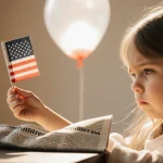 Child holding flag resilience crumpled newspaper on funding and deflated balloon in background.