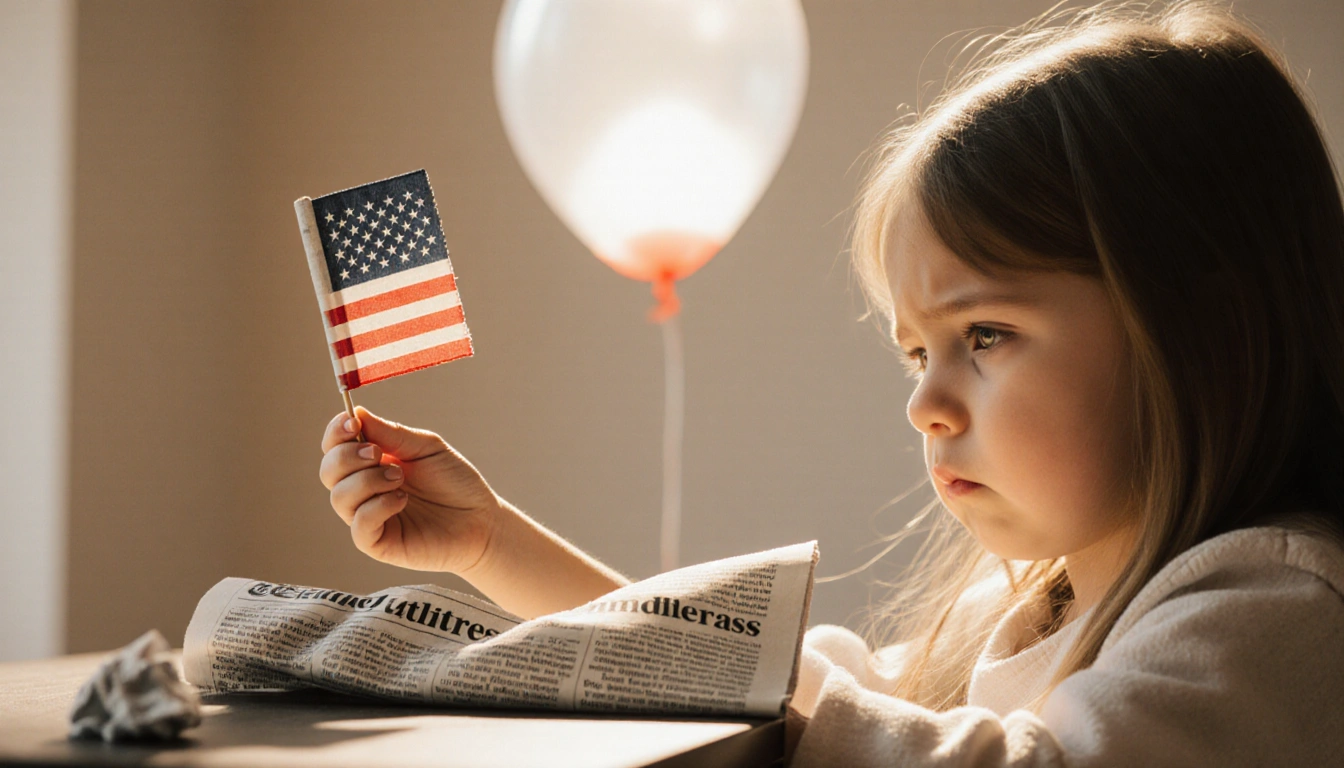 Child holding flag resilience crumpled newspaper on funding and deflated balloon in background.
