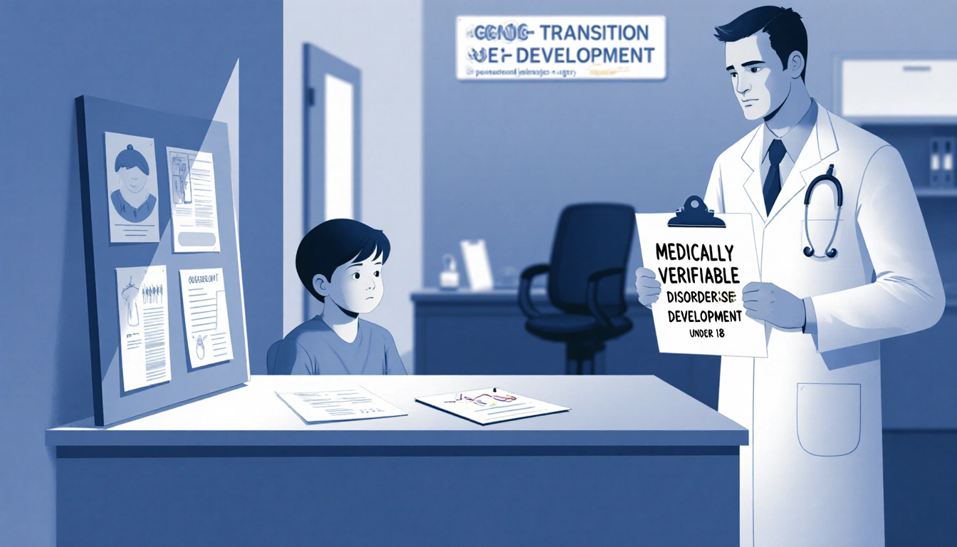 Child seated in hospital waiting room with stern physician holding clipboard and blurred gender transition sign behind