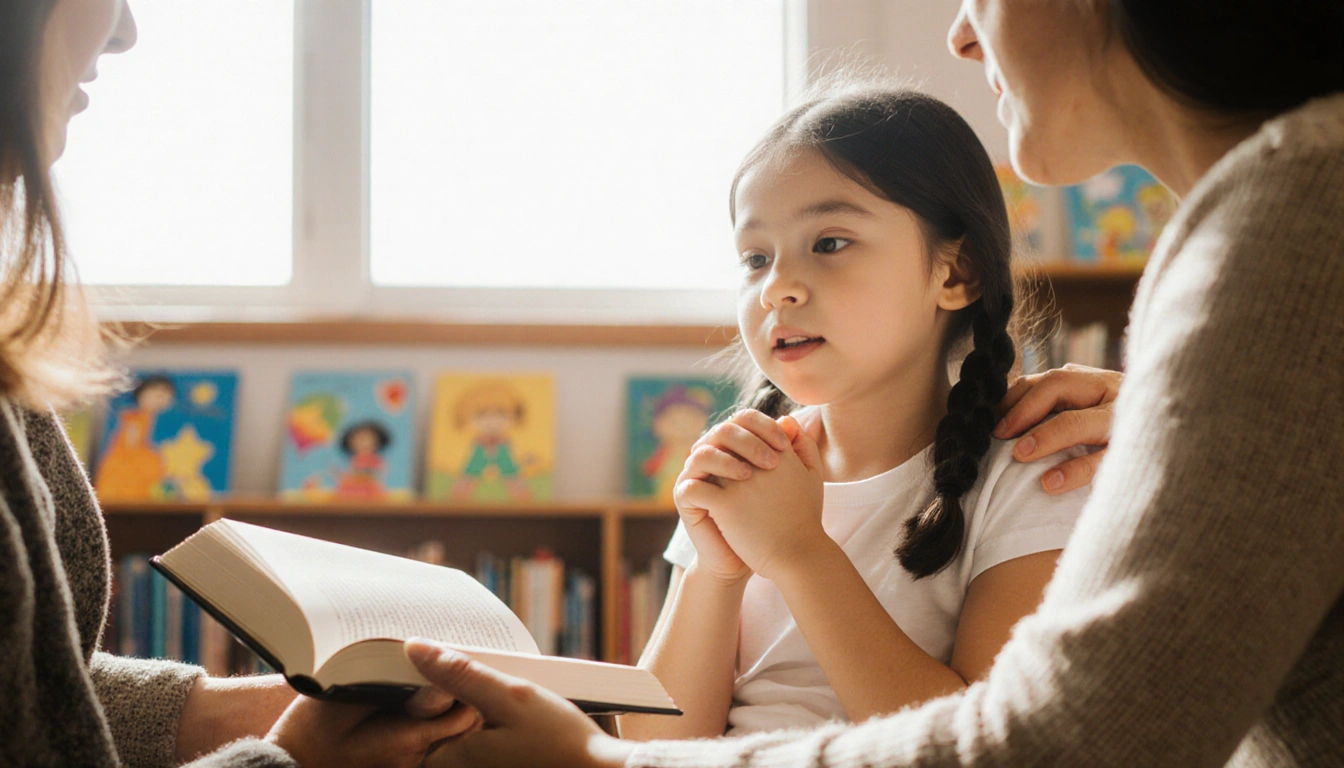 Young girl chatting with two adults with a supportive hand on her shoulder and an adult reading to her in a library setting
