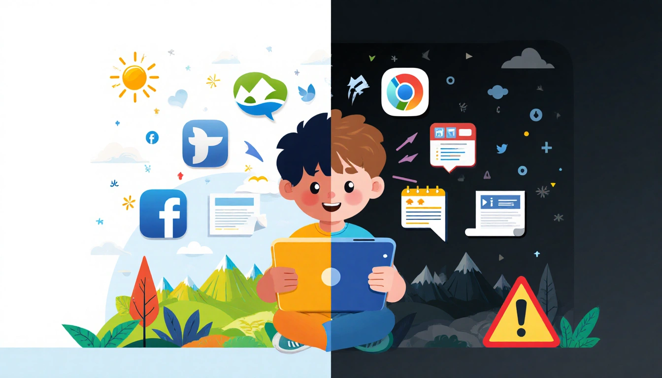 Child sits in front of tablet with screen showing bright landscape and dark ominous surroundings surrounded by social media i