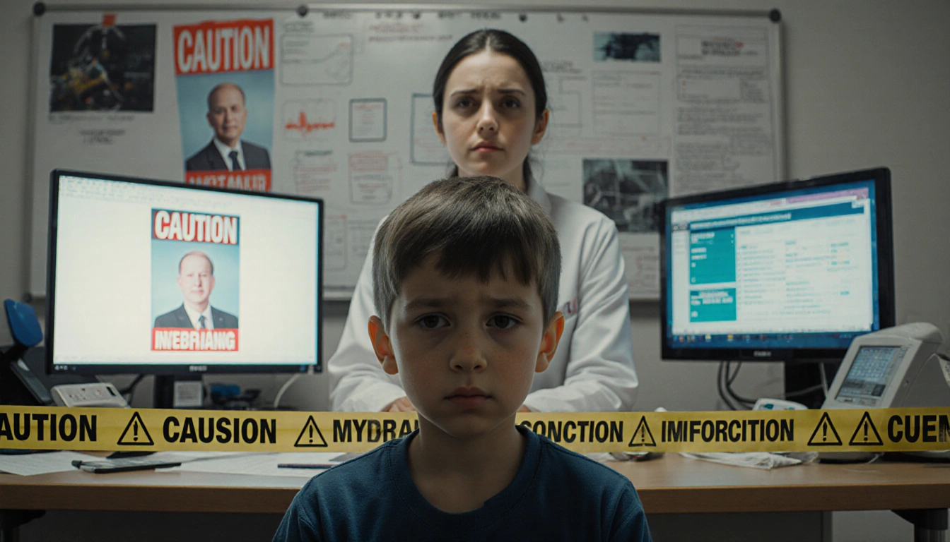 Solemn child sits at a therapist's desk with medical equipment caution tape and distorted propaganda on notes.