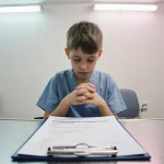 Child sits alone in waiting room and head bowed hands clasped near an open chart showing a prescription for puberty blockers.