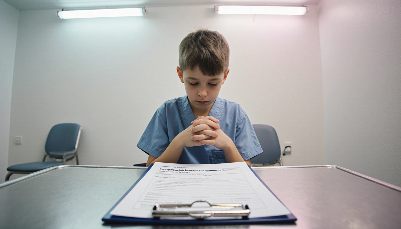Child sits alone in waiting room and head bowed hands clasped near an open chart showing a prescription for puberty blockers.