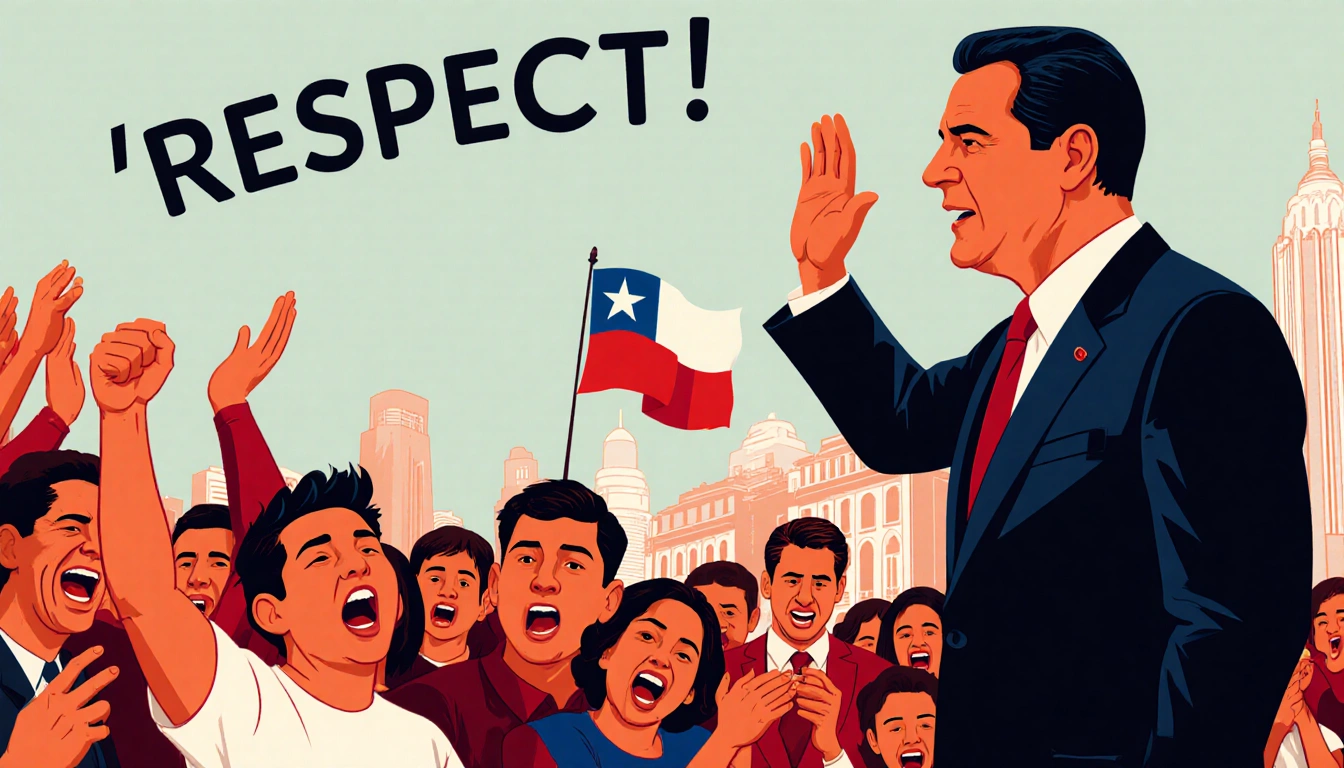 President Kast raises his right hand addressing supporters with Chilean flag waving in a red orange tense square