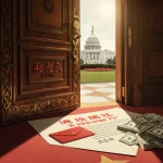 Grand ornate door opens to reveal a red judgment document with $25 billion on the floor and the White House in background.