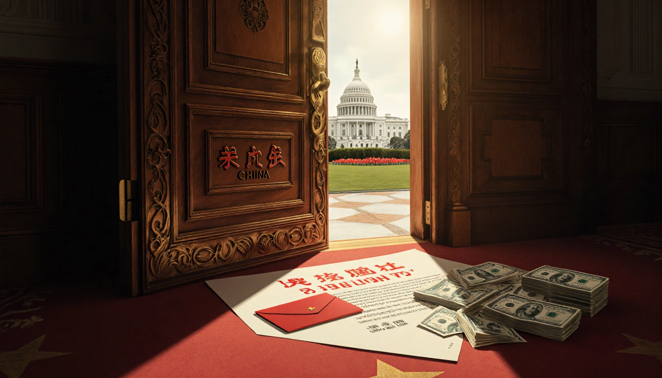 Grand ornate door opens to reveal a red judgment document with $25 billion on the floor and the White House in background.