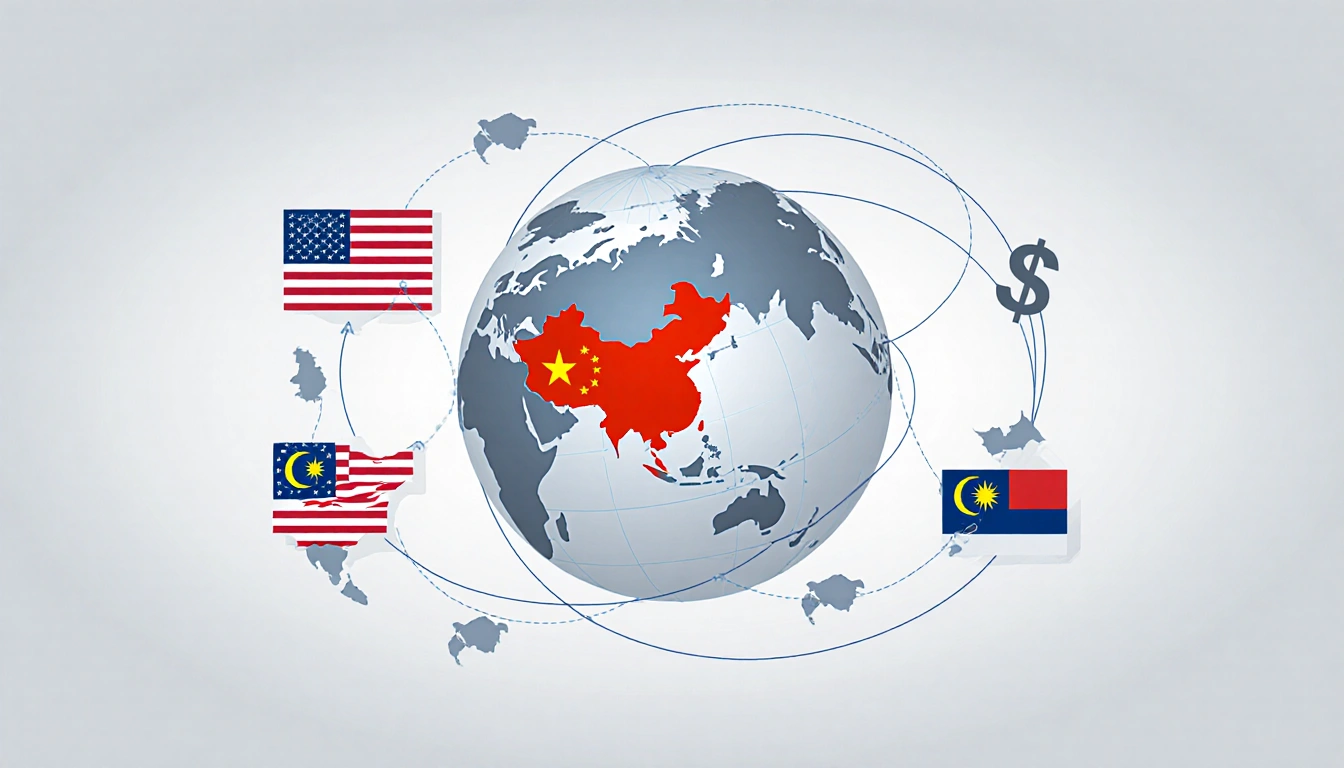 Globe shows China with United States and Malaysia linked by trade lines and flags in tones