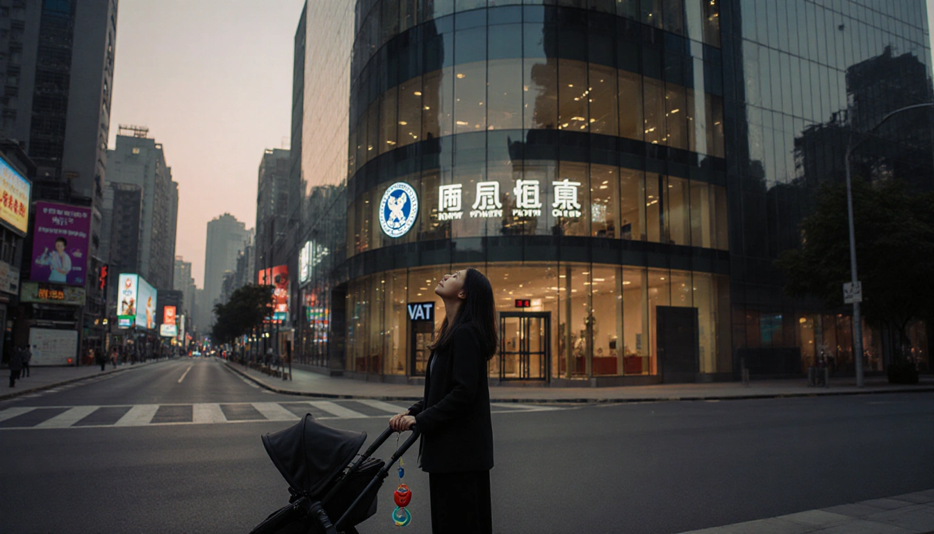 Mother standing in front of a glass birth clinic looking up at dusk with a stroller and a dangling pacifier