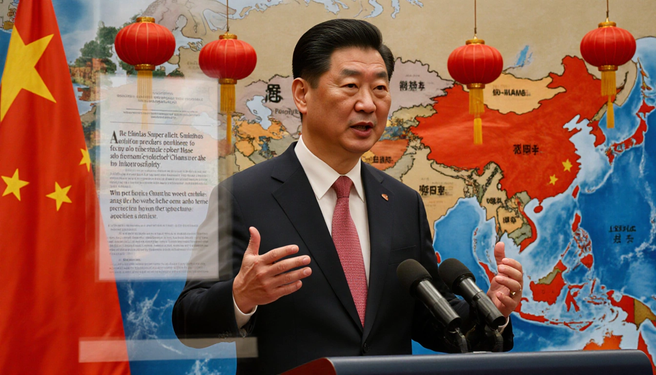 Liu Pengyu speaks at podium with map of Asia and lanterns and window showing report