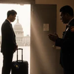 Chinese national standing before immigration officer with suitcase and passport at feet and Capitol building silhouette door