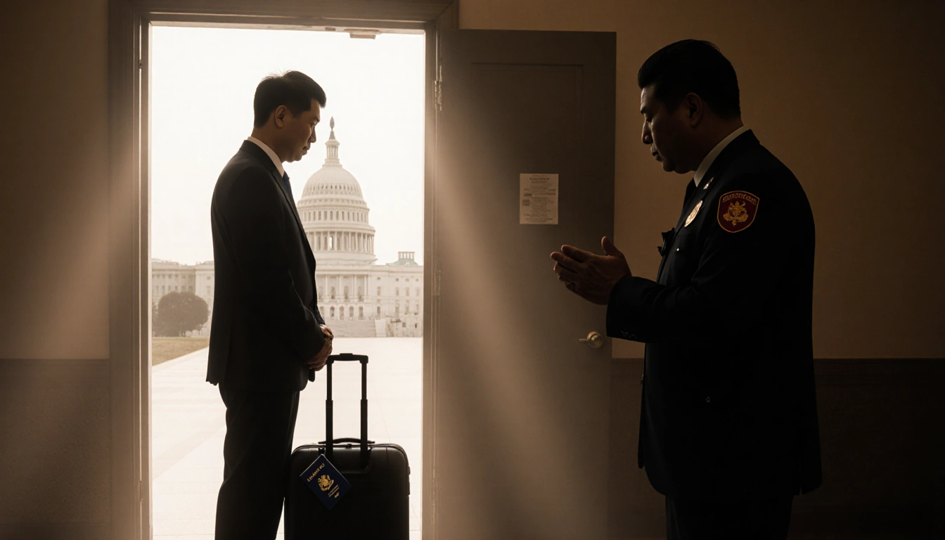 Chinese national standing before immigration officer with suitcase and passport at feet and Capitol building silhouette door