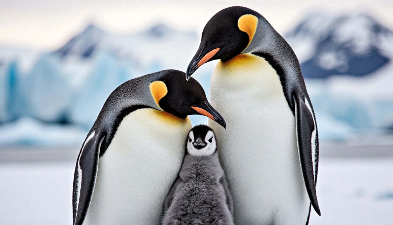 Female penguin parenting its gray chick while male swims off to fish in icy Antarctic waters and mountains blur behind them.