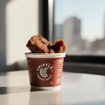 Juicy Chipotle snack meat rises from a cup with warm cityscape light inviting bite