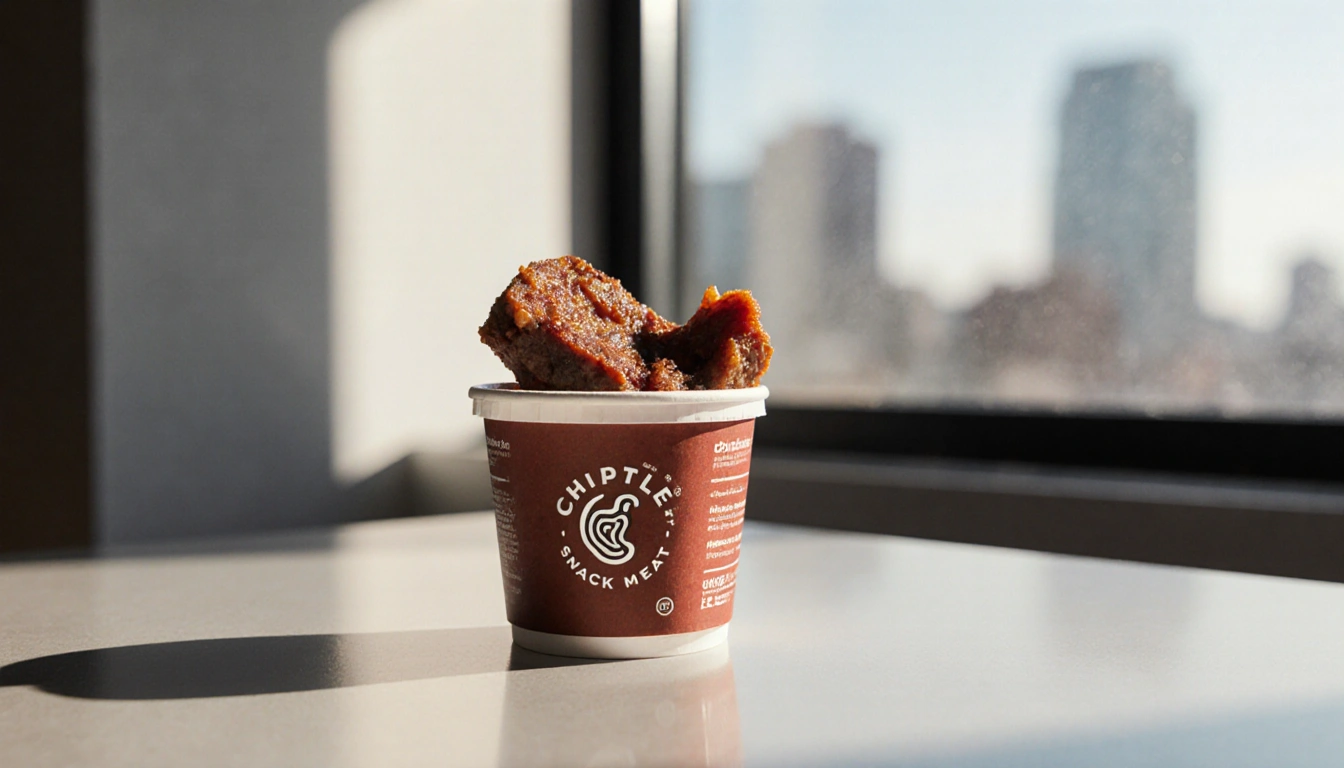 Juicy Chipotle snack meat rises from a cup with warm cityscape light inviting bite