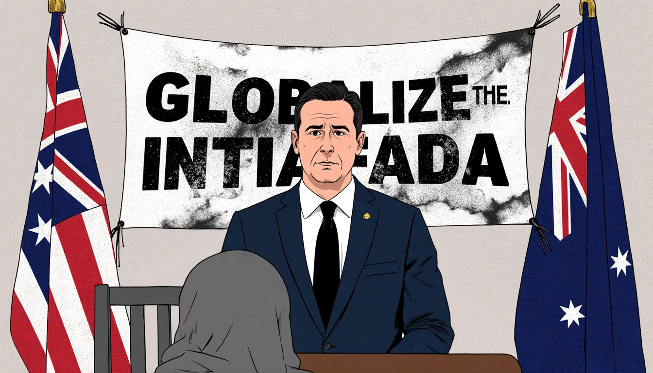 Premier Chris Minns speaking with Australian flags and an empty chair banner reads globalize the intifada.