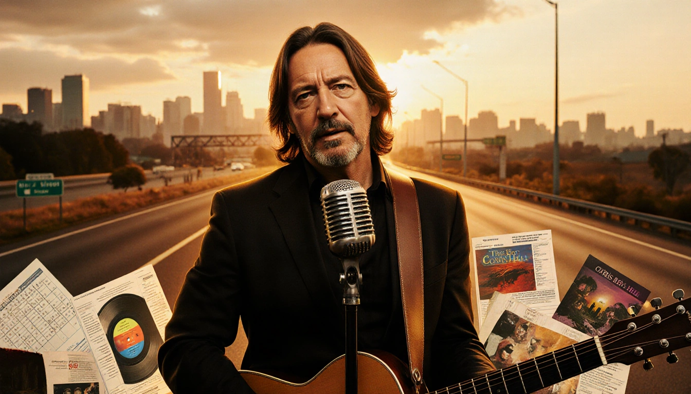 Chris Rea standing beside a microphone with a guitar slung over his shoulder and music charts beside him and golden light on 