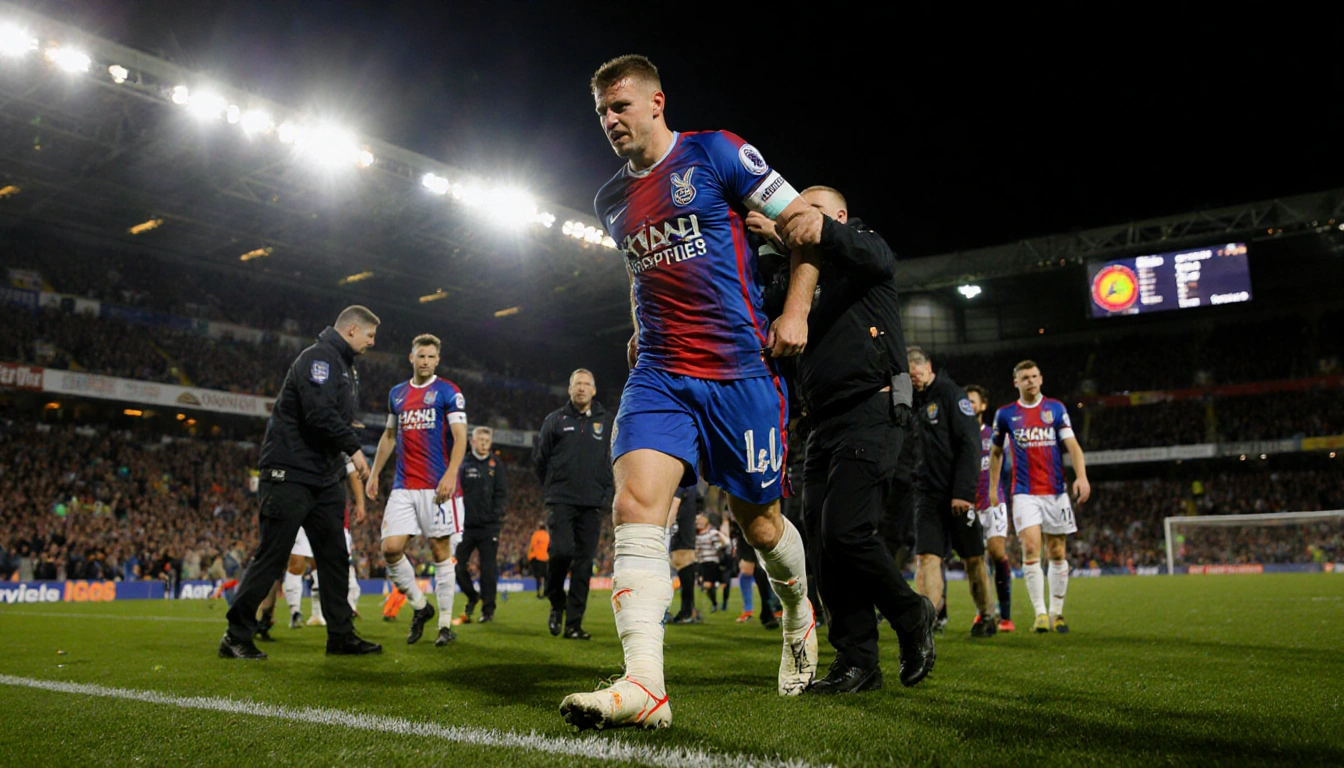 Chris Richards being helped off the pitch with his foot wrapped in bandages and Crystal Palace players showing concern.