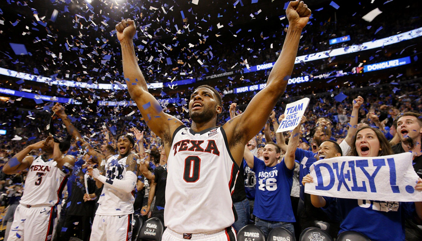 Christian Anderson raises arms in triumph with confetti and cheering teammates celebrating a Texas Tech comeback victory